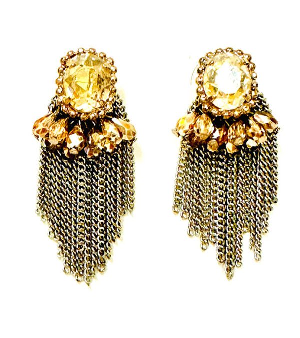 A pair of E4106 earrings with gold chains and crystals.