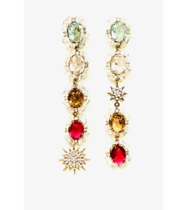 A pair of E3454 earrings with multi colored stones and a star.