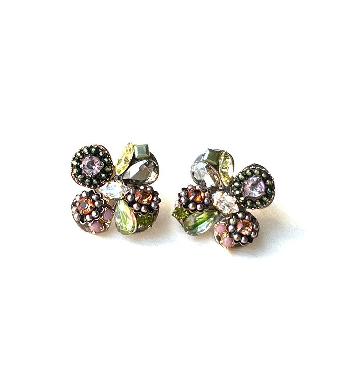 A pair of E2491 stud earrings with green, pink and brown stones.