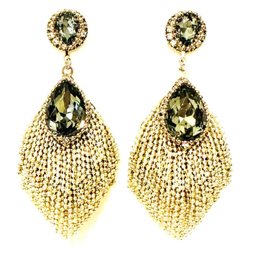 A pair of E2517 - plated earrings with green crystals.