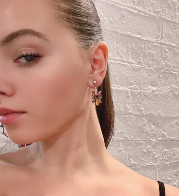 A woman wearing a black top and E5019 (Holiday) earrings.